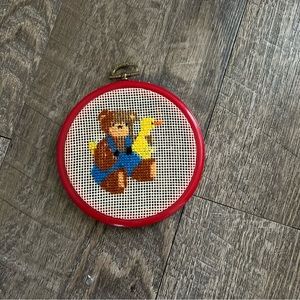VINTAGE  NEEDLEPOINT CROSS STITCH Teddy Bear & Duck Framed